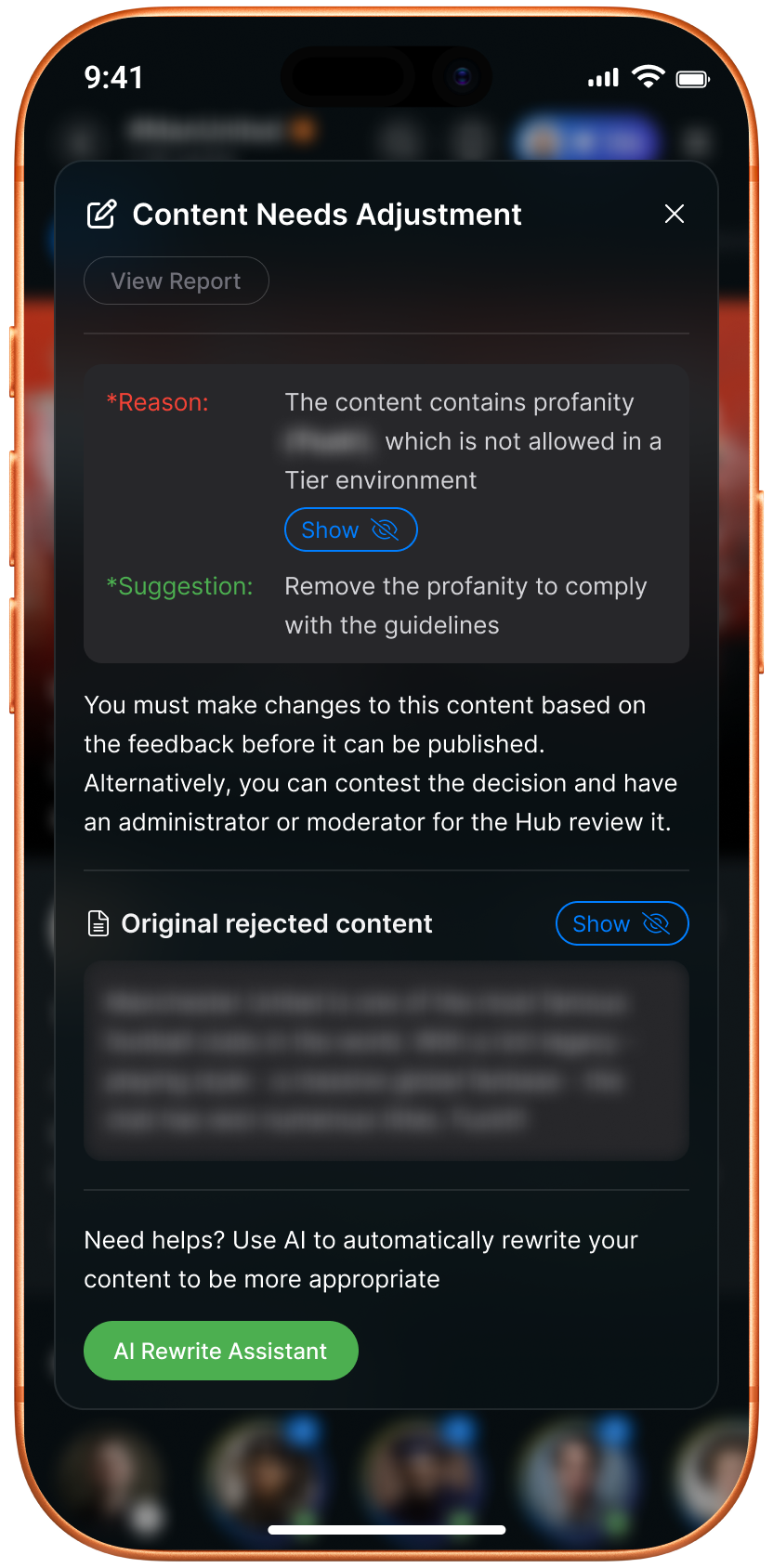 Hubly content safety feedback screen
