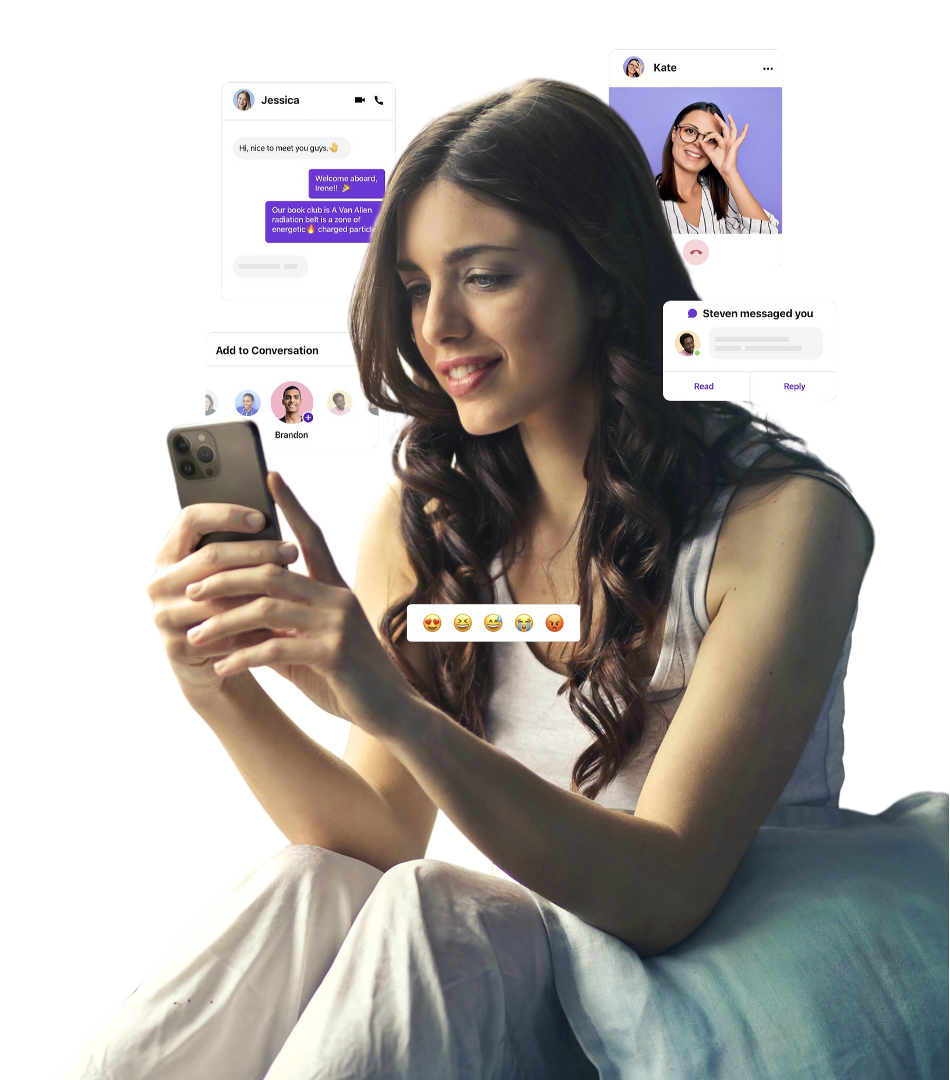 A Hubly member connecting with friends and communities on her phone